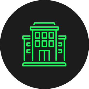 Neon green building icon on dark background