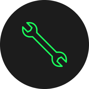 Neon green wrench icon on dark circle