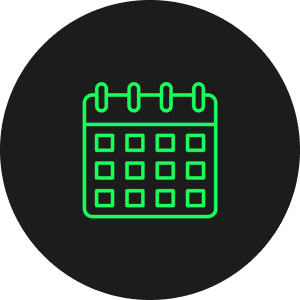 Neon green calendar icon on dark circle