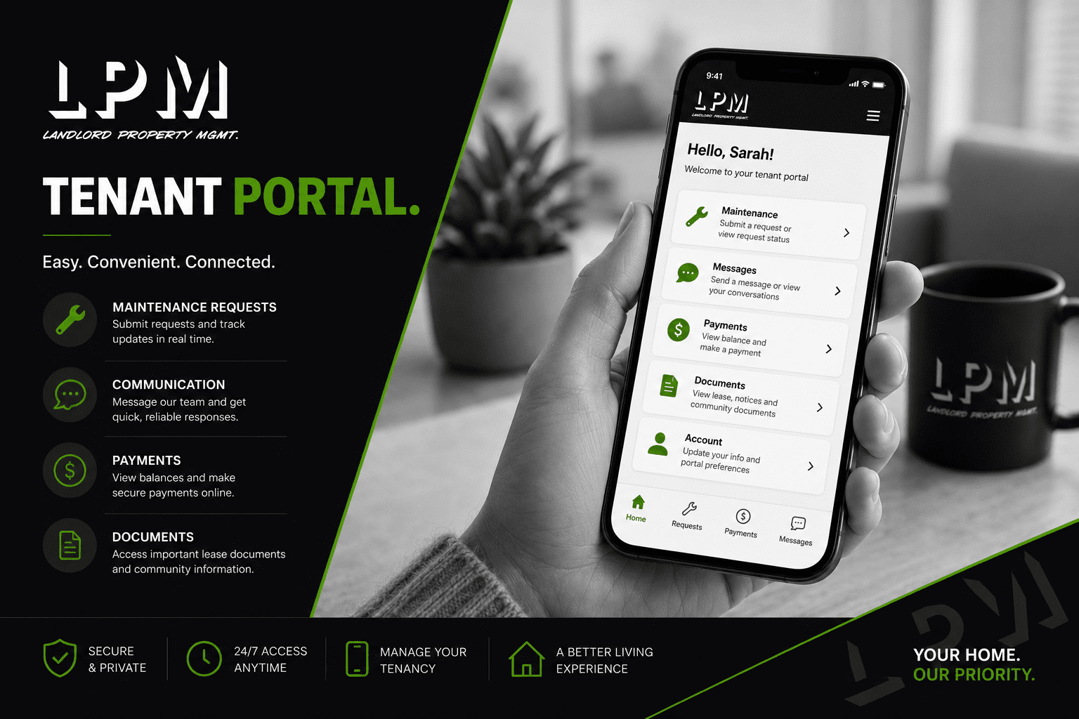 Hand holding phone showing tenant portal app