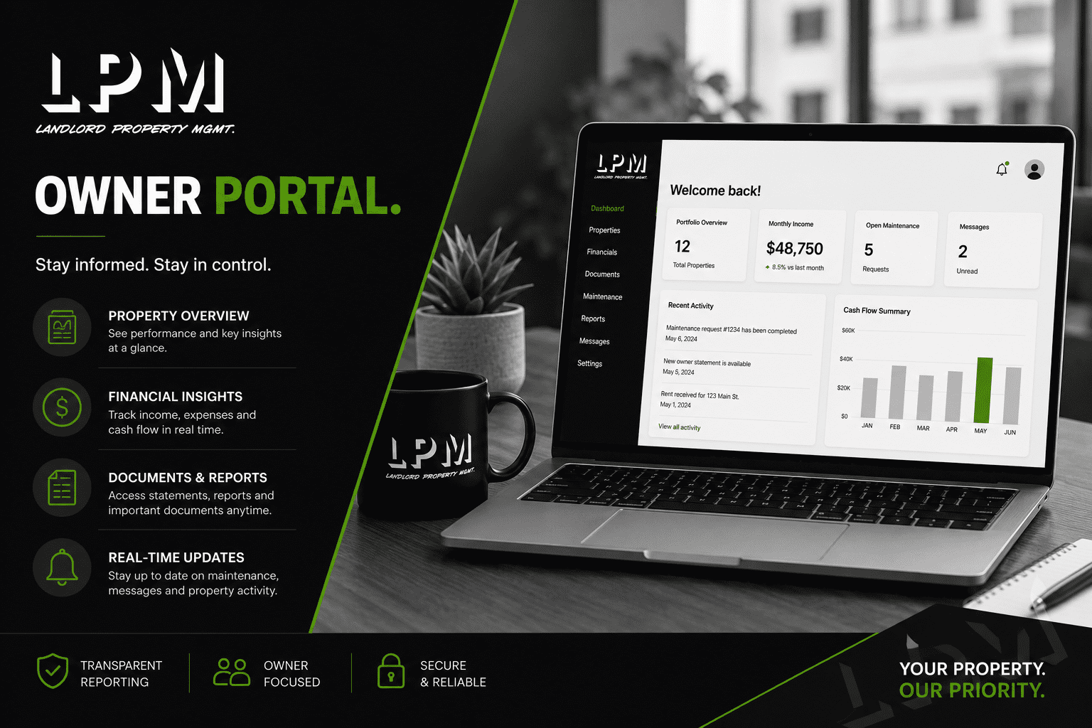 Laptop showing LPM Owner Portal dashboard