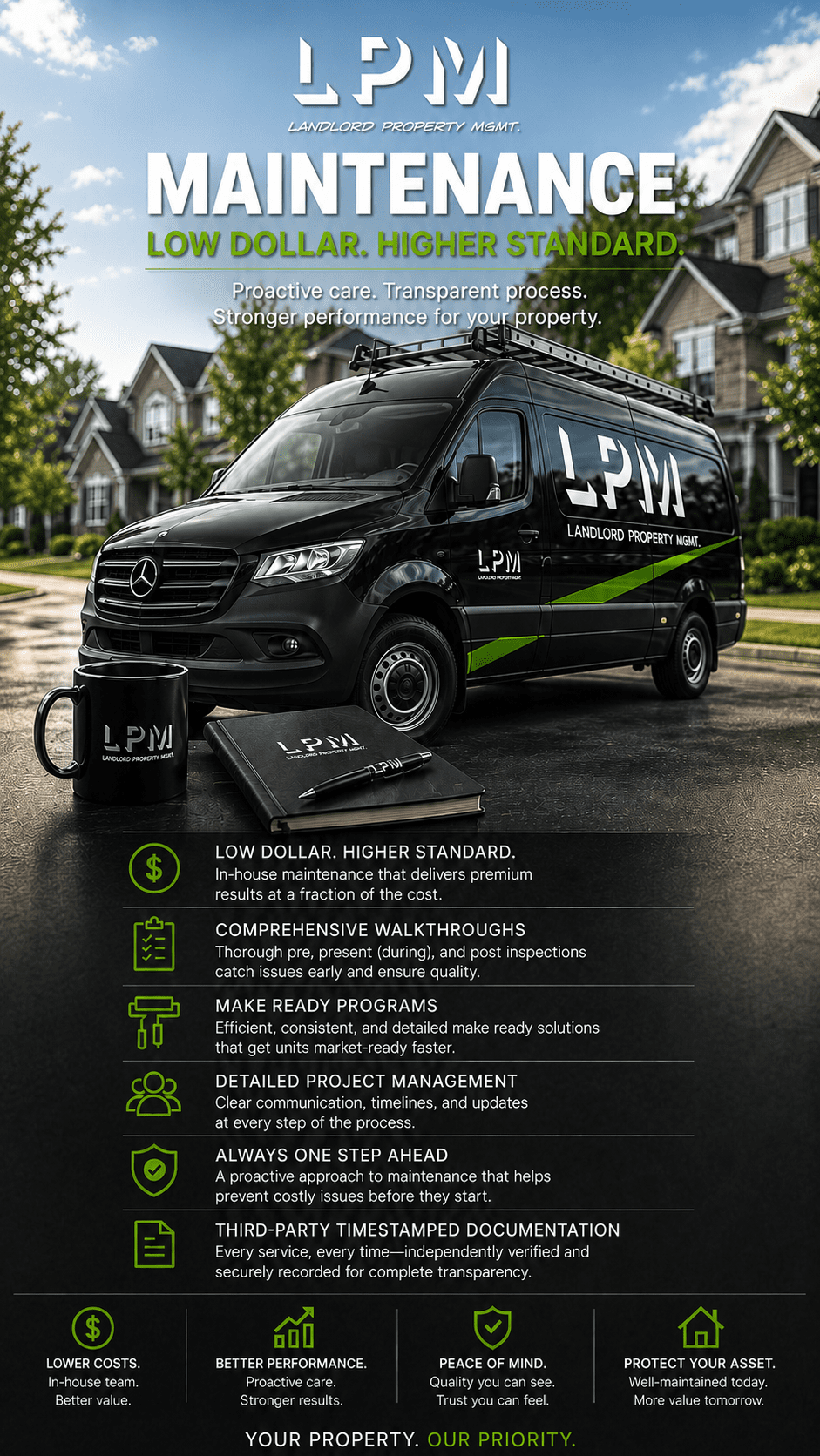 Black LPM maintenance van in residential neighborhood