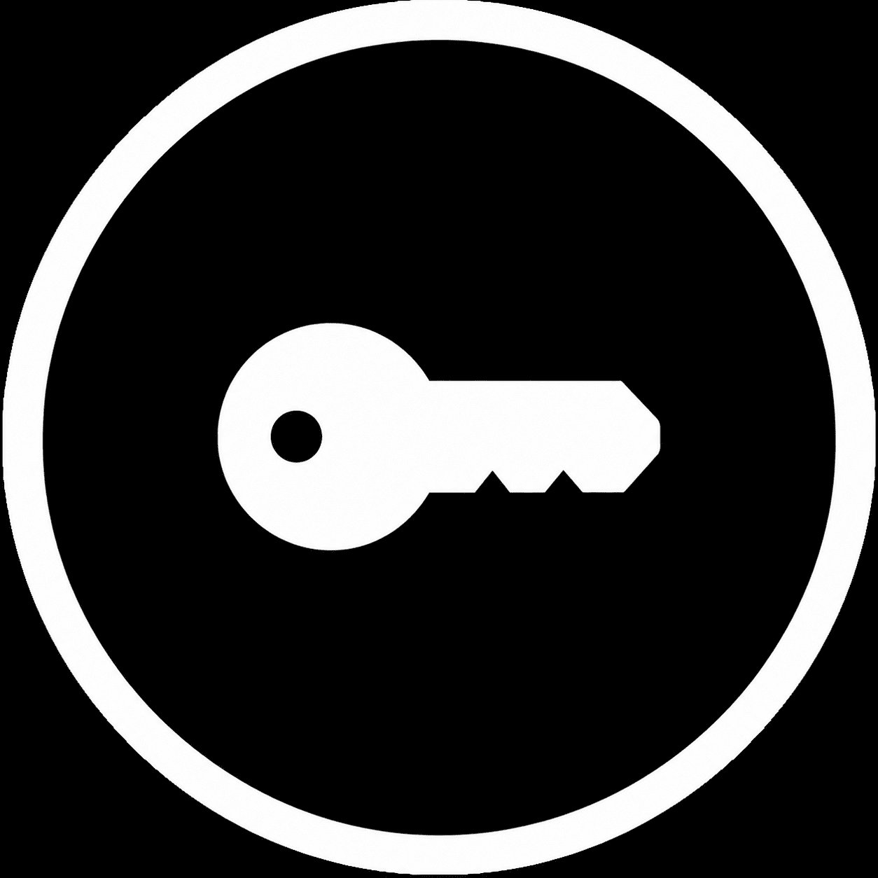 White key icon inside black circular border